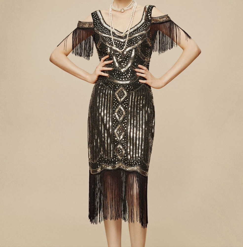 Beaded Off Shoulder Flapper Dress
